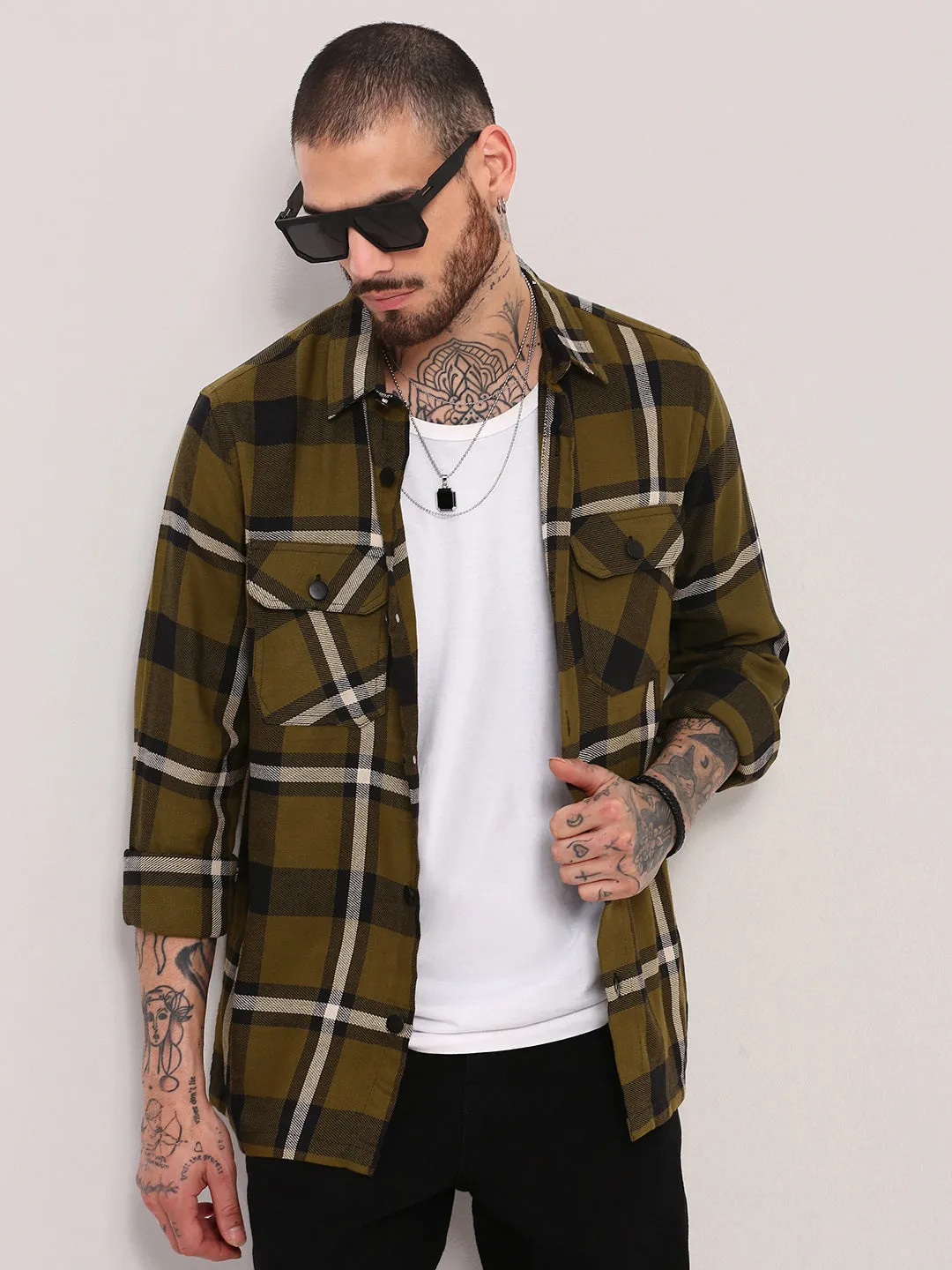 Men Green Checked Relaxed Fit Shacket