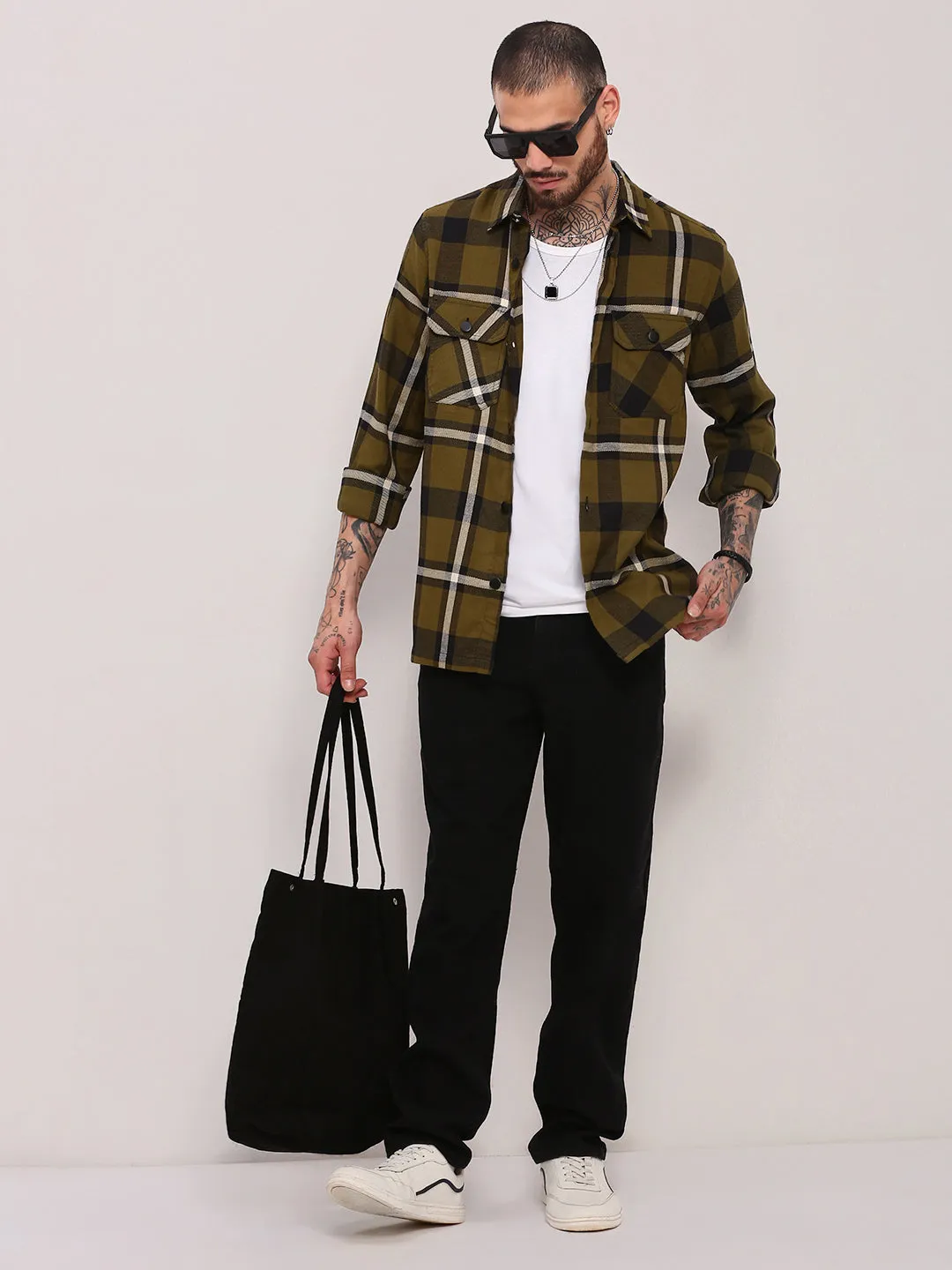 Men Green Checked Relaxed Fit Shacket