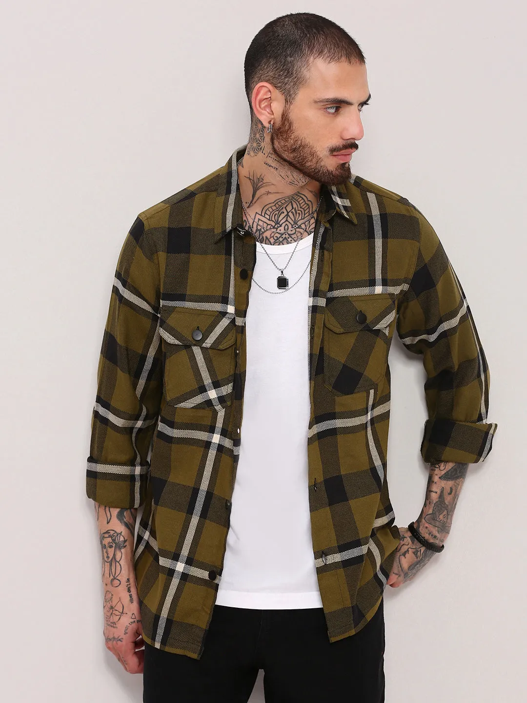 Men Green Checked Relaxed Fit Shacket