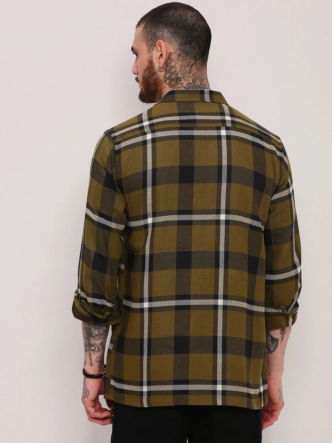 Men Green Checked Relaxed Fit Shacket