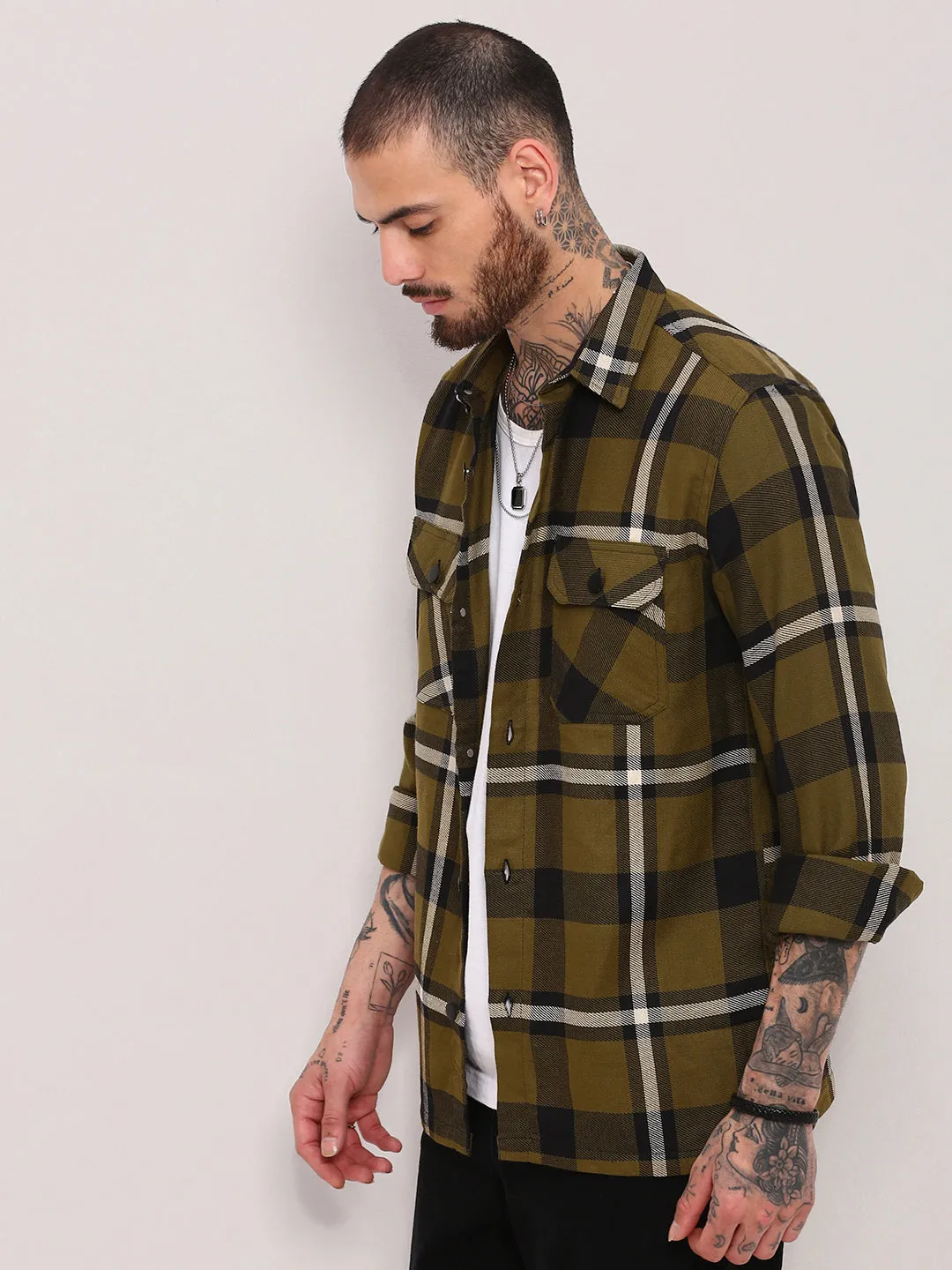Men Green Checked Relaxed Fit Shacket