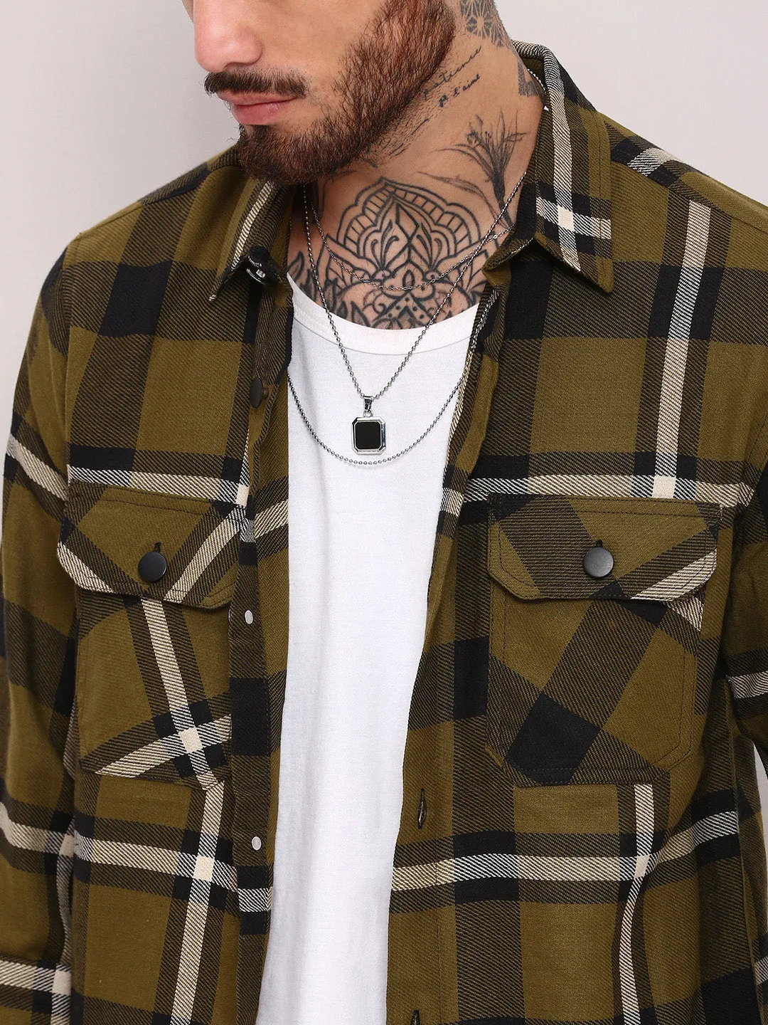 Men Green Checked Relaxed Fit Shacket