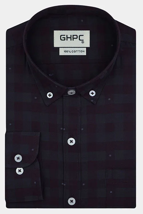 Men's 100% Cotton Gingham Checkered Full Sleeves Shirt (Wine)