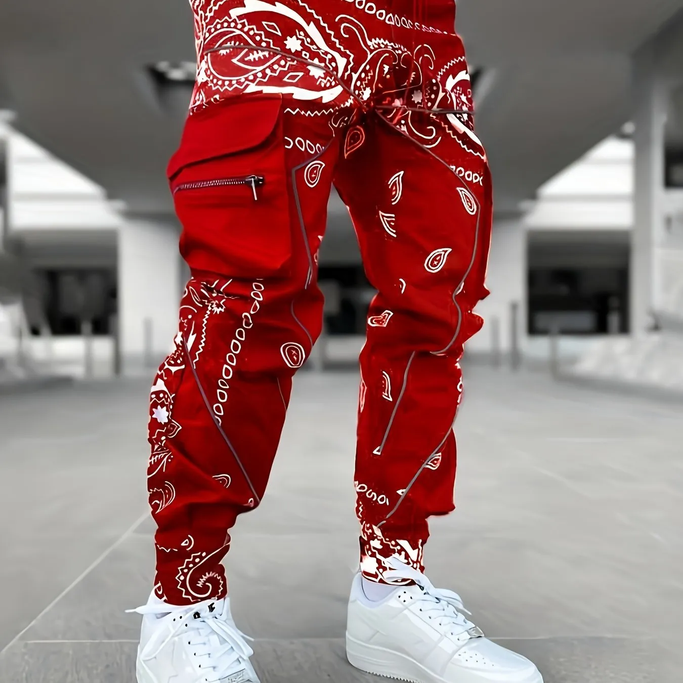 Men's Paisley Pattern Multi Pocket Joggers, Casual Sports Pants For Fitness