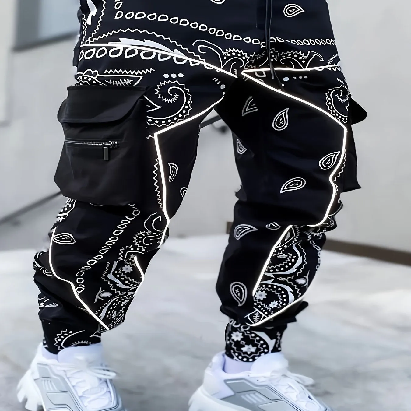 Men's Paisley Pattern Multi Pocket Joggers, Casual Sports Pants For Fitness