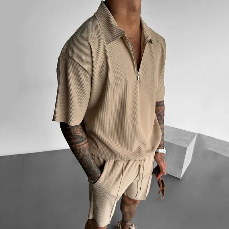 Mens Polo and Shorts Set  Relaxed Fit  Soft Knit  Zipper Neck  Drawstring Waist