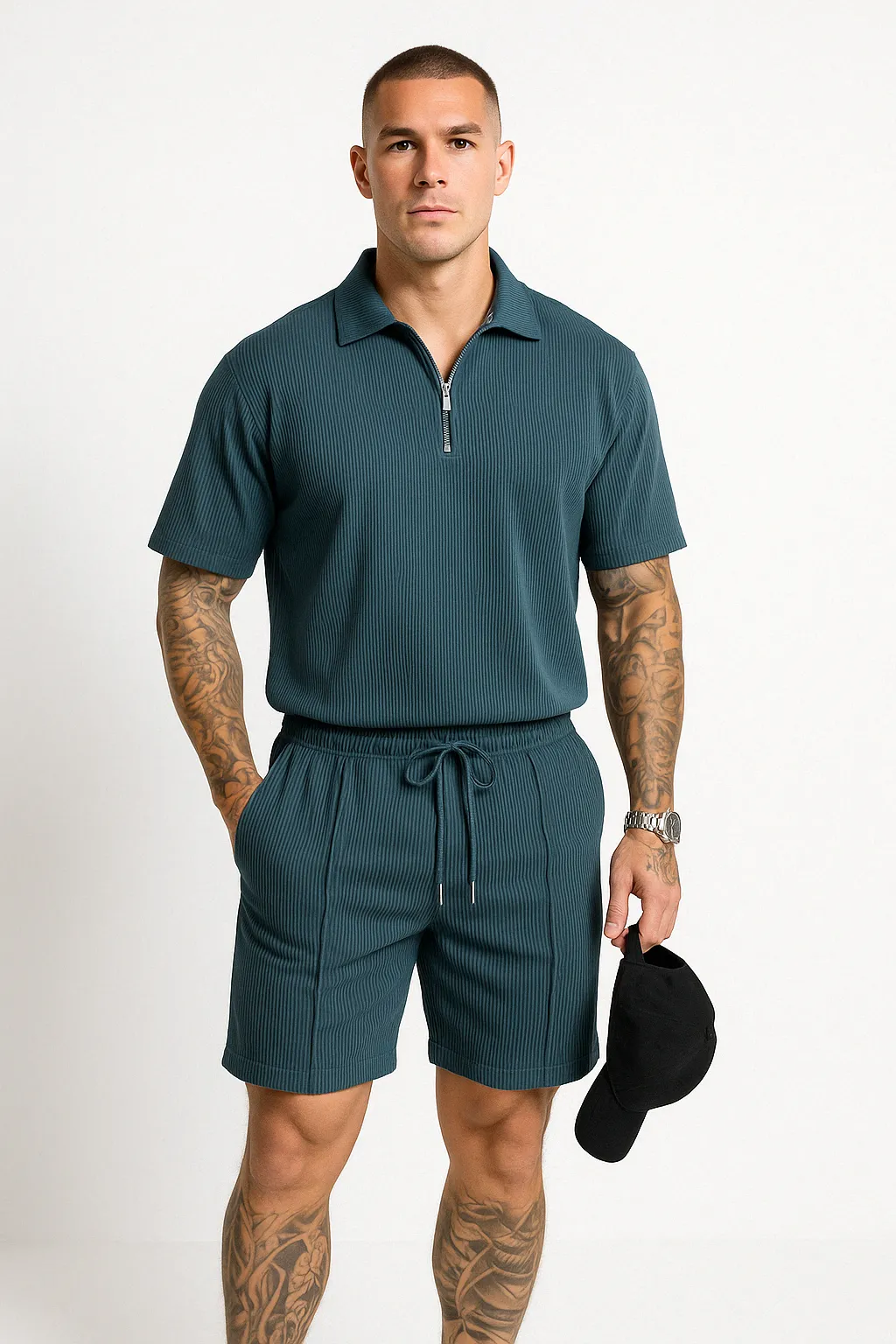 Mens Polo and Shorts Set  Relaxed Fit  Soft Knit  Zipper Neck  Drawstring Waist