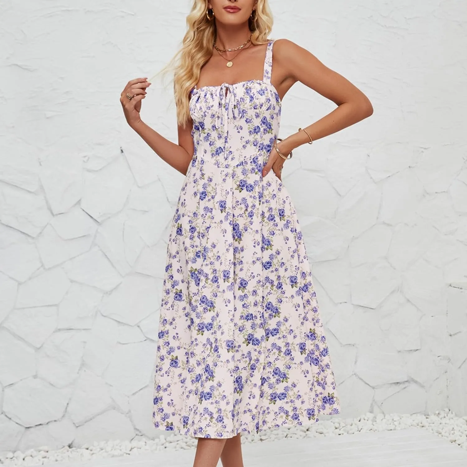 Milkmaid Dress Women 2025 Summer Elegant Square Neck Sleeveless Floral Corset Dress Boho Flowy Slit A Line Sundresses