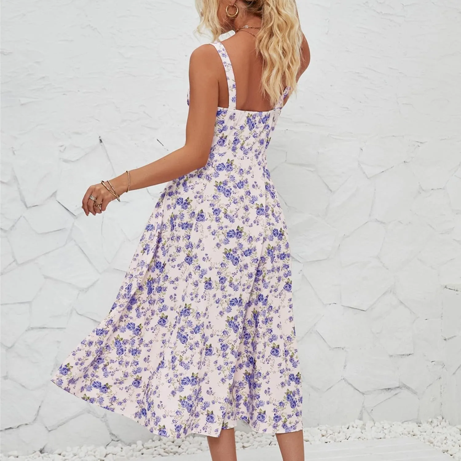 Milkmaid Dress Women 2025 Summer Elegant Square Neck Sleeveless Floral Corset Dress Boho Flowy Slit A Line Sundresses