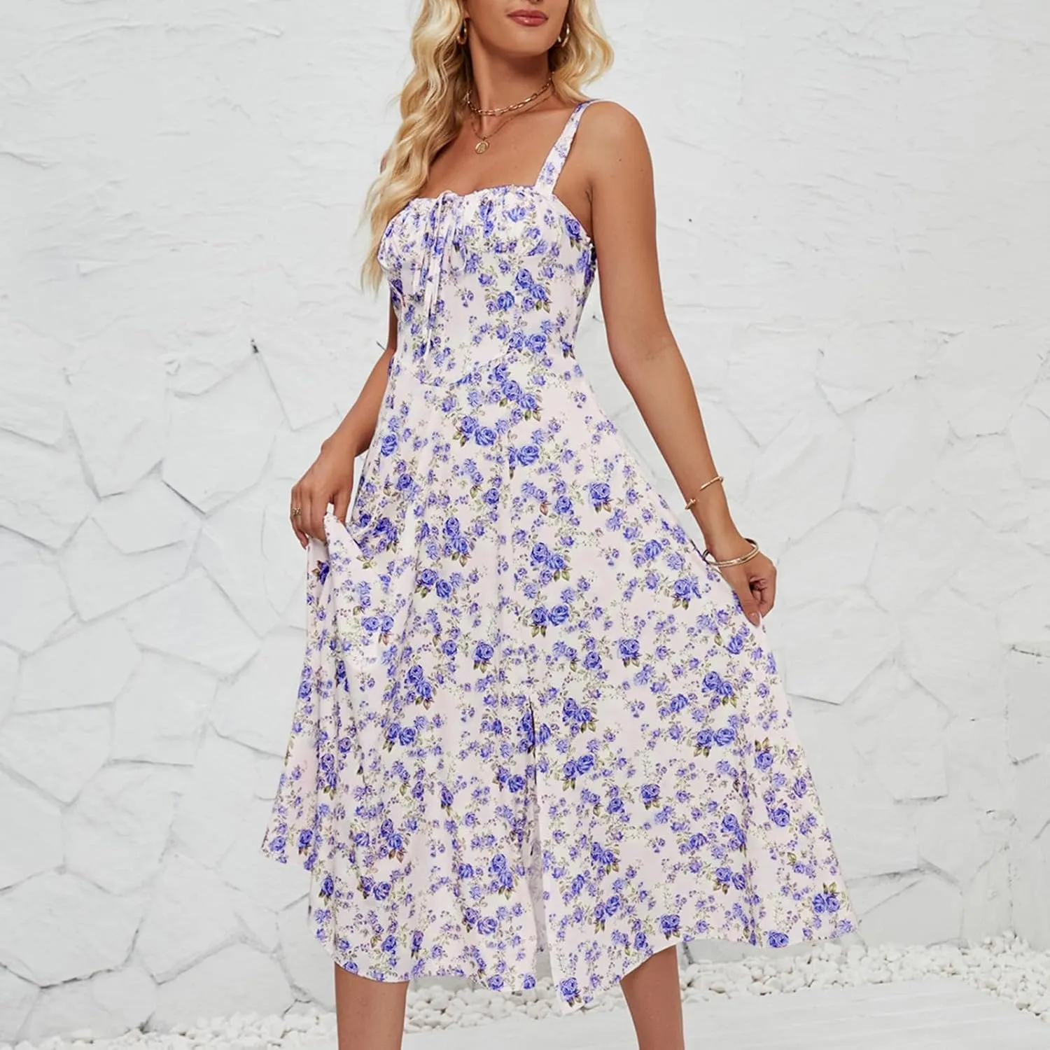 Milkmaid Dress Women 2025 Summer Elegant Square Neck Sleeveless Floral Corset Dress Boho Flowy Slit A Line Sundresses