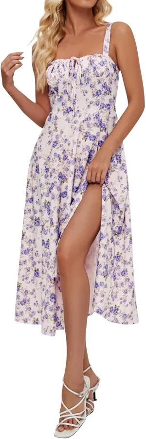 Milkmaid Dress Women 2025 Summer Elegant Square Neck Sleeveless Floral Corset Dress Boho Flowy Slit A Line Sundresses