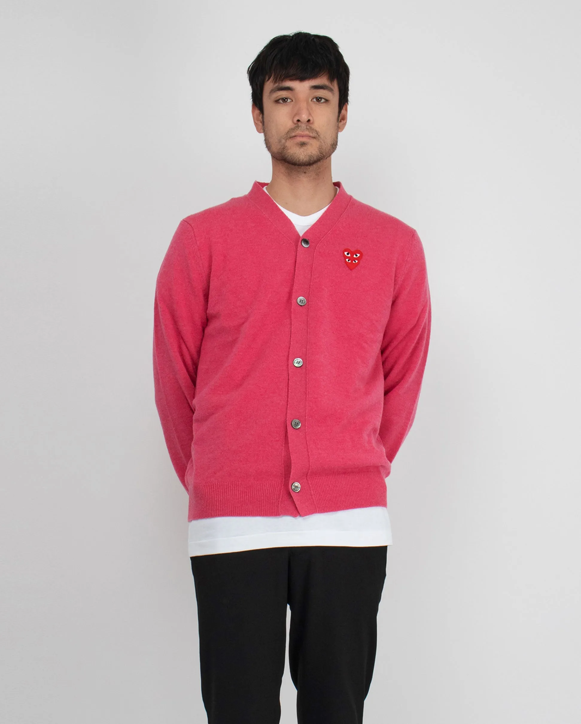 N076 DOUBLE RED HEART CARDIGAN / PINK