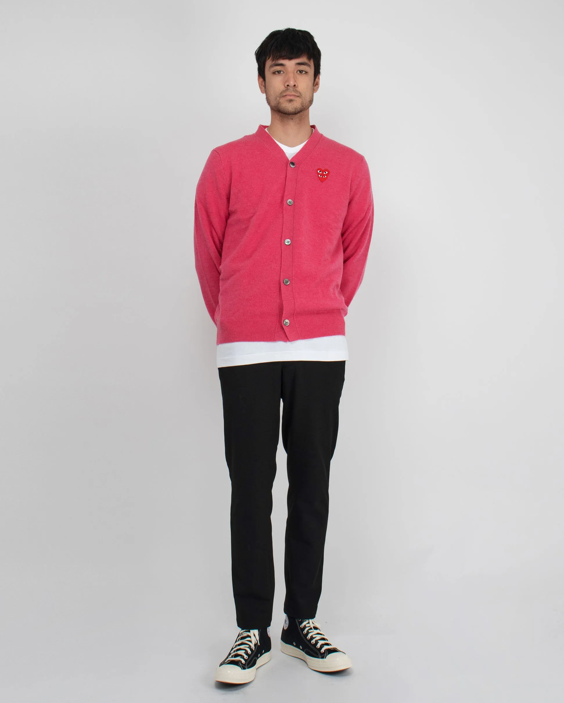 N076 DOUBLE RED HEART CARDIGAN / PINK