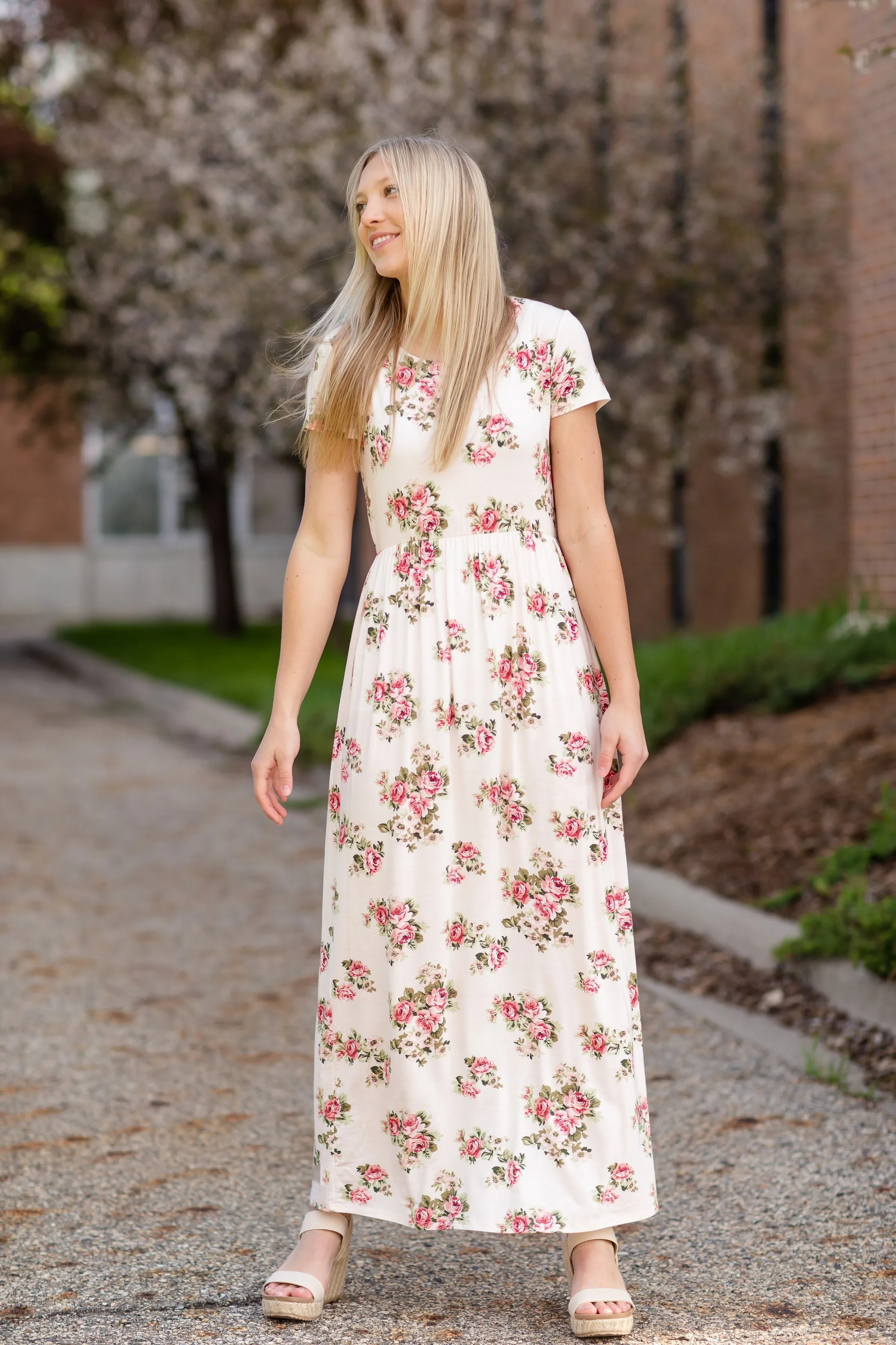 Pink Floral Cinched Waist Maxi Dress