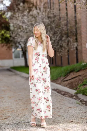 Pink Floral Cinched Waist Maxi Dress