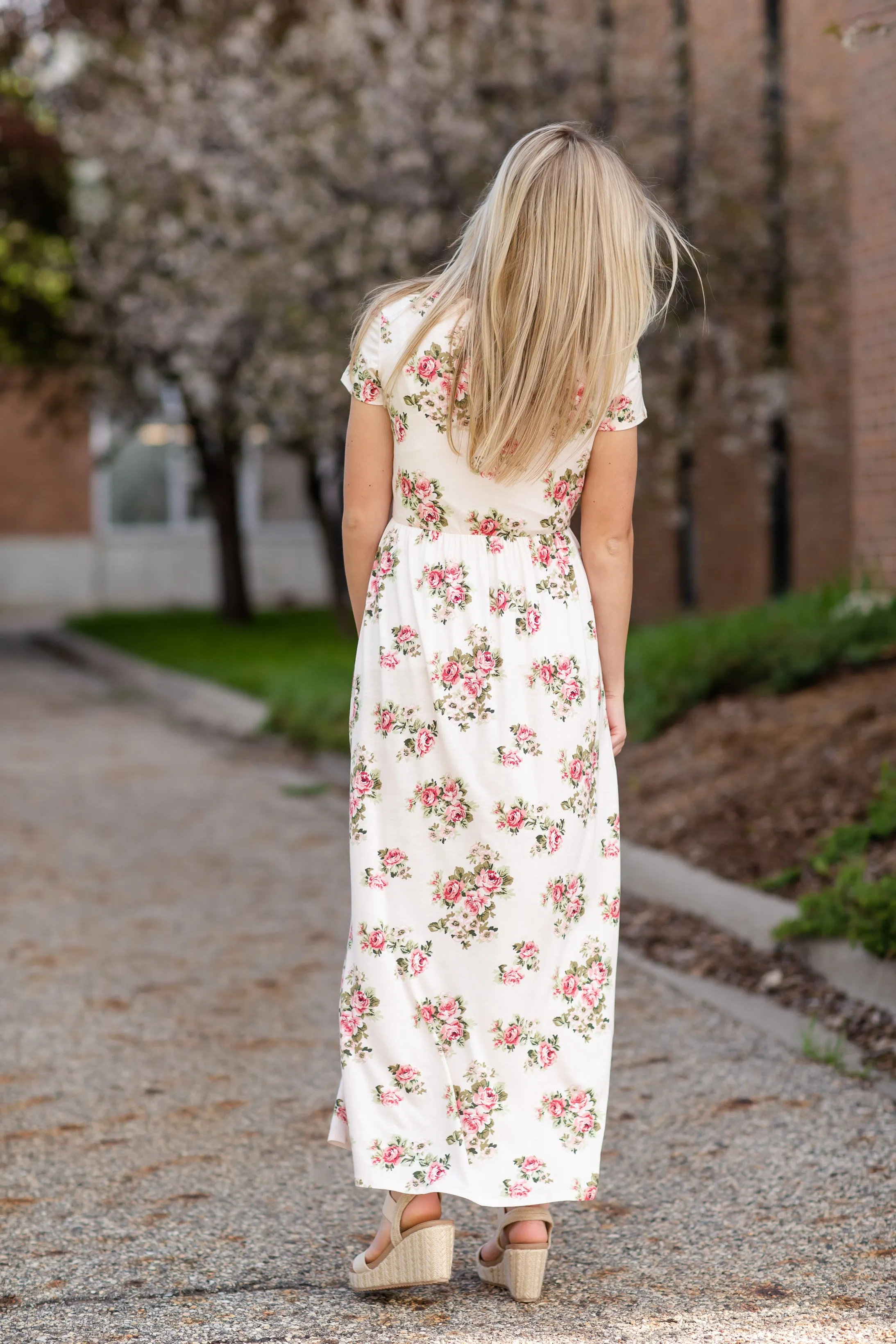Pink Floral Cinched Waist Maxi Dress