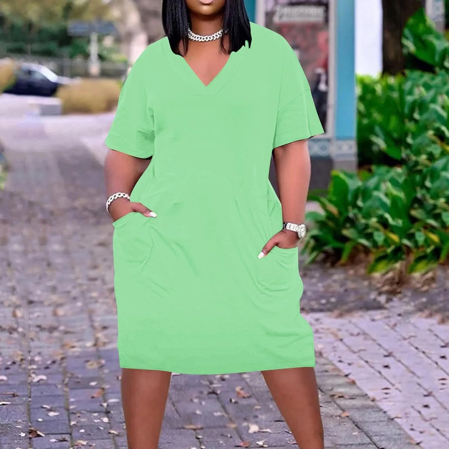 Plus Size V Neck Midi Dresses for Women Baggy V Neck T-Shirt Dress Solid Loose Fitting Sundress with Pokets