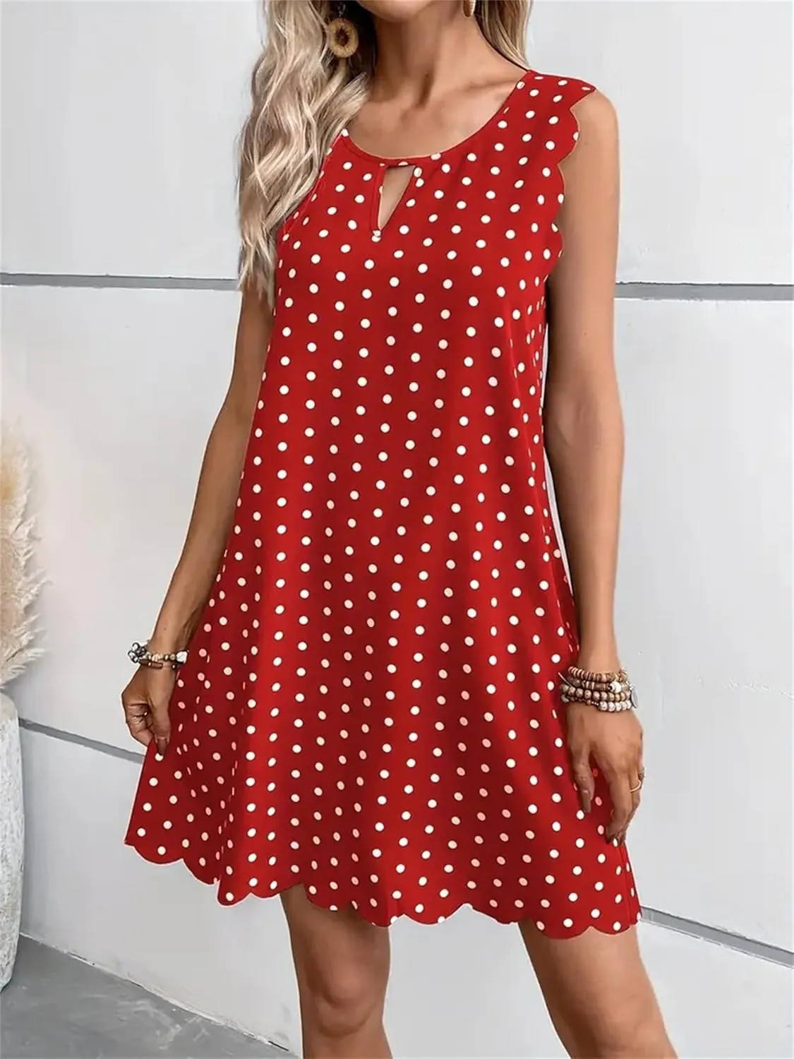 Polka Dot Sleeveless Summer Dresses Crewneck Swing A Line Midi Dress Bohemian Casual Beach Party Sundress