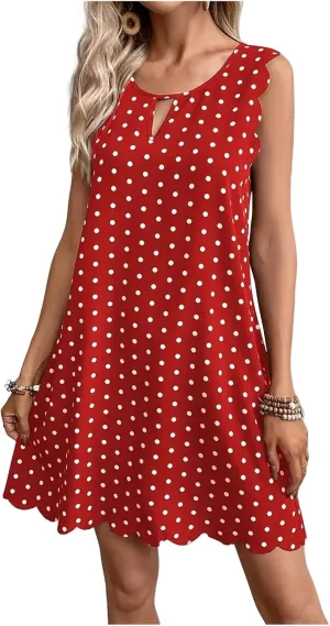 Polka Dot Sleeveless Summer Dresses Crewneck Swing A Line Midi Dress Bohemian Casual Beach Party Sundress