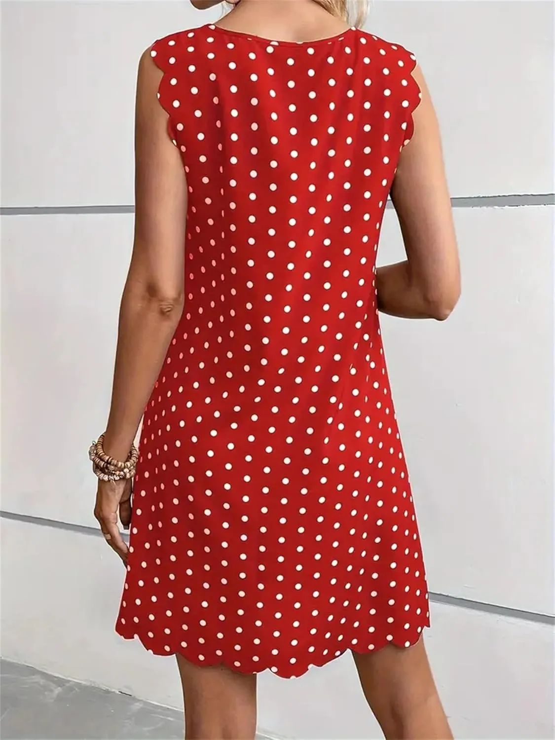 Polka Dot Sleeveless Summer Dresses Crewneck Swing A Line Midi Dress Bohemian Casual Beach Party Sundress