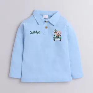 Polka Tots Full Sleeves Safari Car Printed Tee - Sky Blue