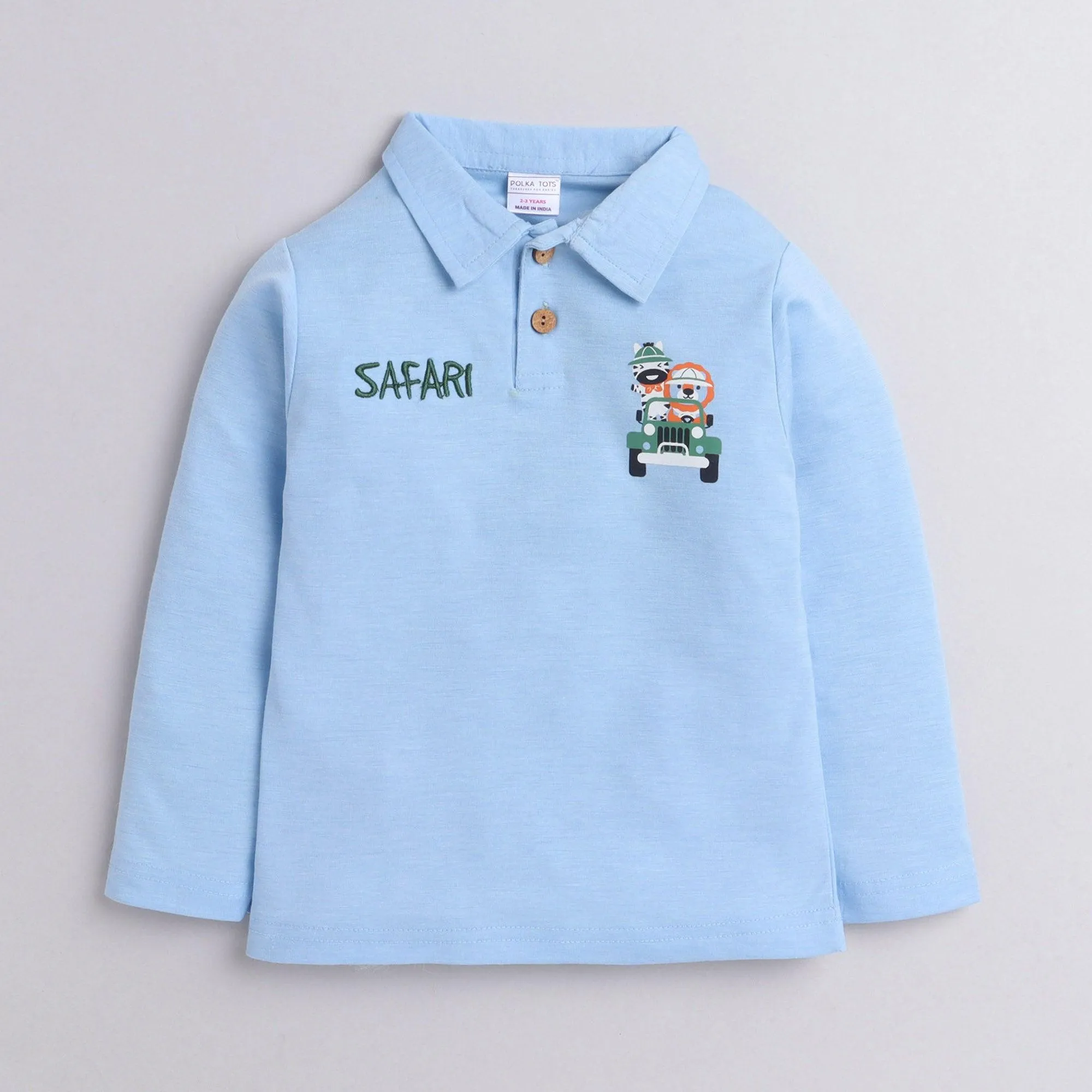 Polka Tots Full Sleeves Safari Car Printed Tee - Sky Blue