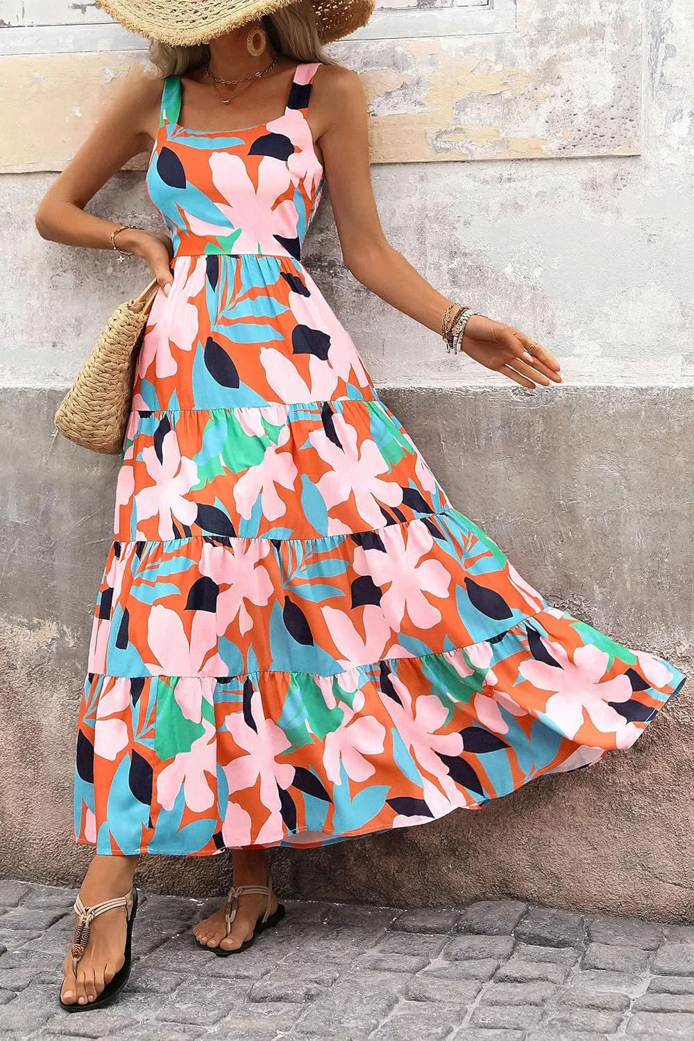 PRETTYGARDEN Women's Summer Floral Maxi Dress Sleeveless Smocked Ruffle Long Flowy Beach Vacation Boho Sundresses