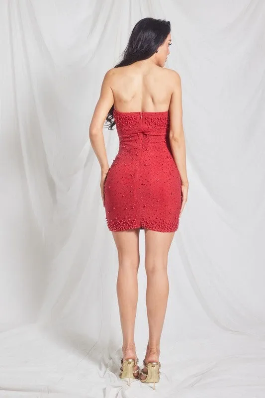 Red Mini Rhinestone And Pearl Party Dress