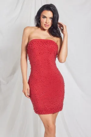 Red Mini Rhinestone And Pearl Party Dress