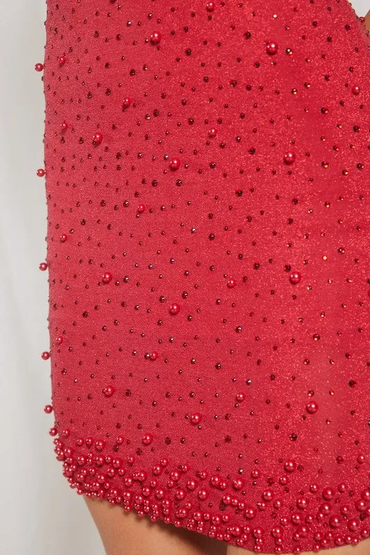 Red Mini Rhinestone And Pearl Party Dress