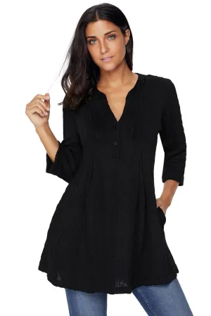 Sexy Black Cable Knit Button Neck Swingy Tunic