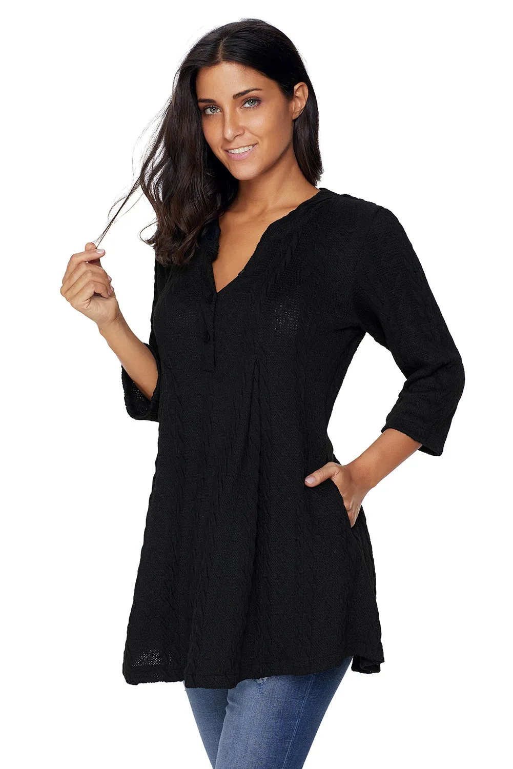 Sexy Black Cable Knit Button Neck Swingy Tunic