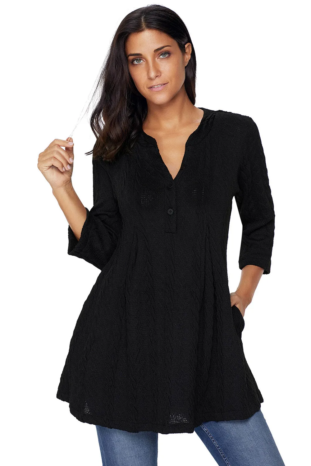 Sexy Black Cable Knit Button Neck Swingy Tunic