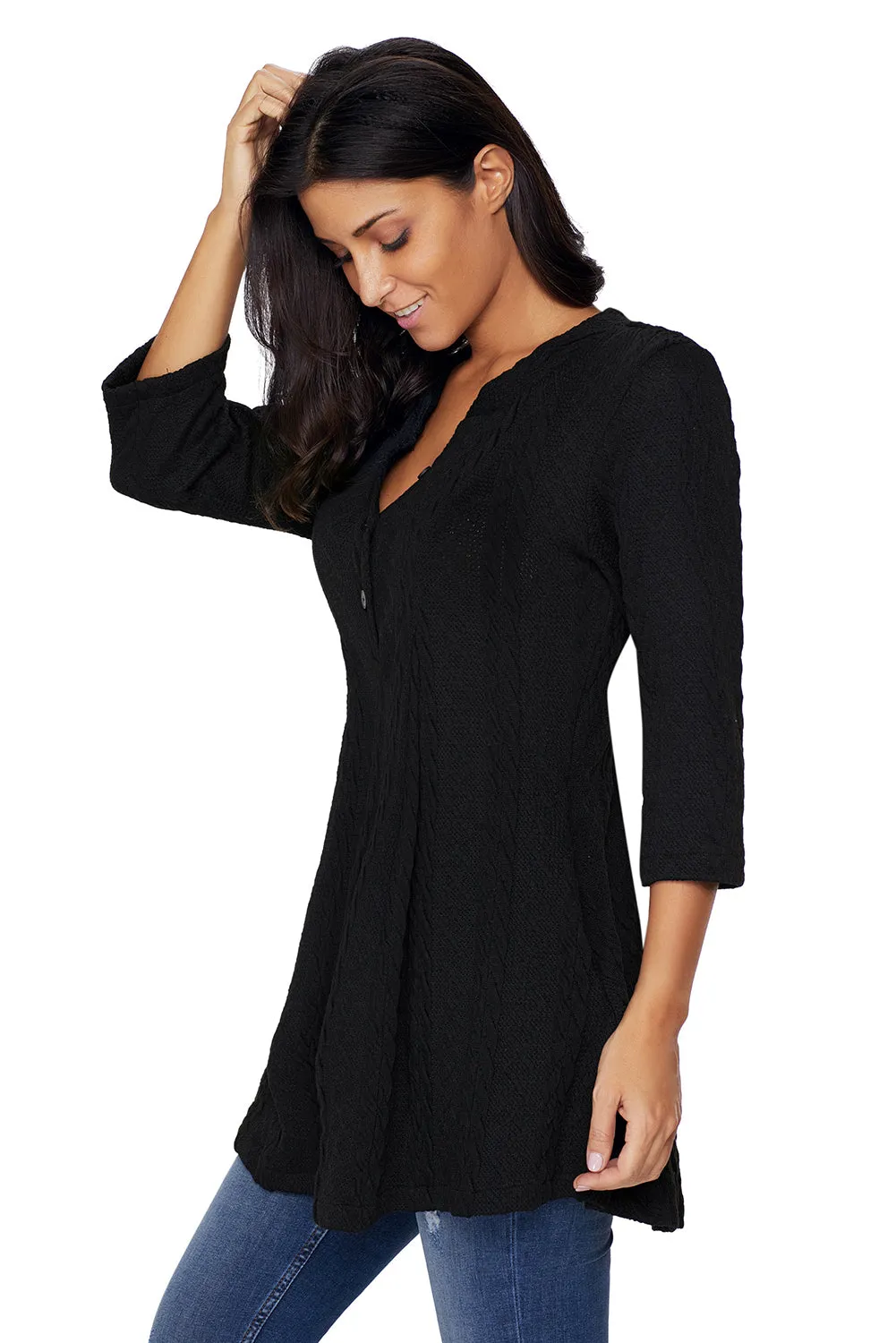 Sexy Black Cable Knit Button Neck Swingy Tunic