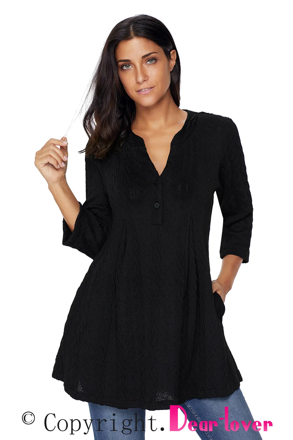 Sexy Black Cable Knit Button Neck Swingy Tunic