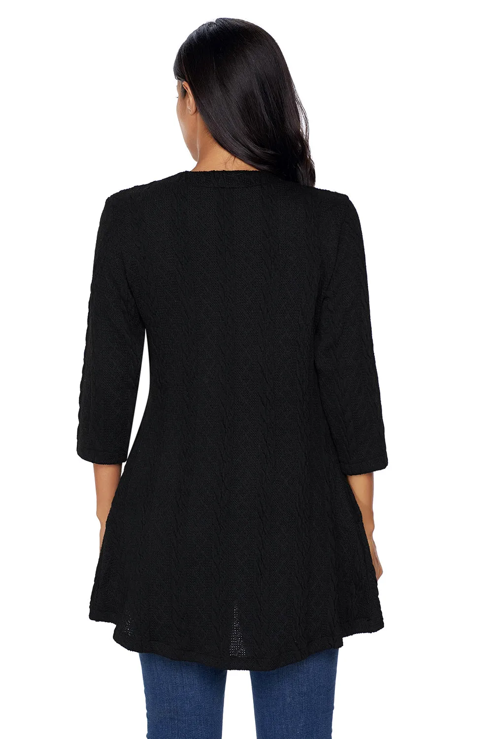 Sexy Black Cable Knit Button Neck Swingy Tunic