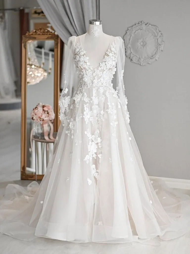 Sheer Sleeve Ivory Tulle Wedding Dress Floral Bridal Gown