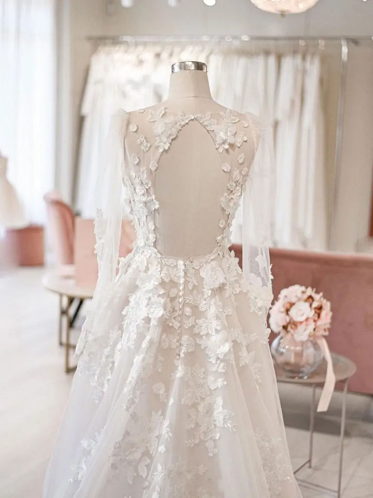 Sheer Sleeve Ivory Tulle Wedding Dress Floral Bridal Gown
