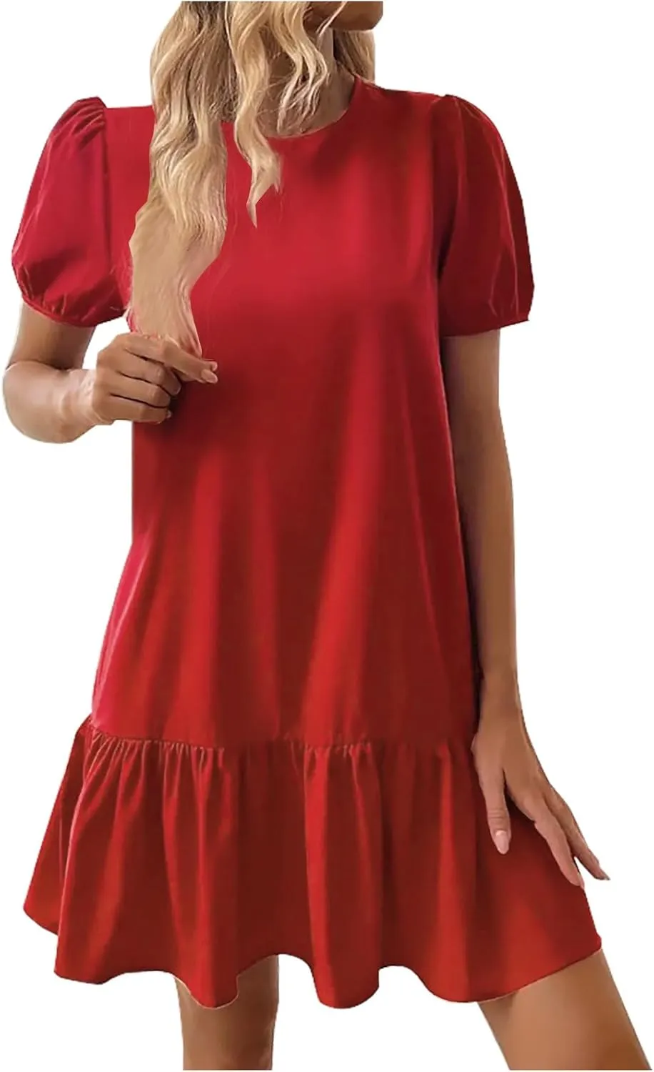 Sinzelimin Womens Elegant Midi Dresses Fashion Ruffled Hem Puff Sleeves Loose Comfy Mini Dress Summer Beach Casual Sundress