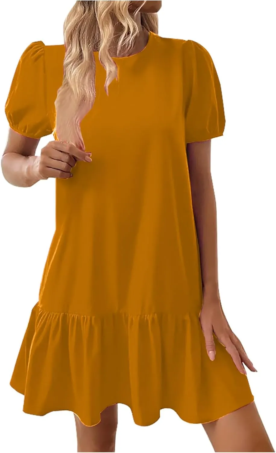 Sinzelimin Womens Elegant Midi Dresses Fashion Ruffled Hem Puff Sleeves Loose Comfy Mini Dress Summer Beach Casual Sundress