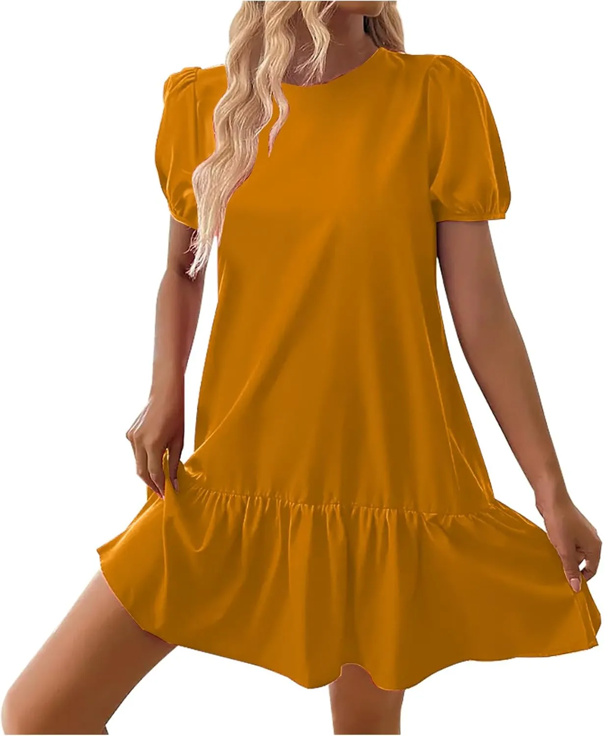 Sinzelimin Womens Elegant Midi Dresses Fashion Ruffled Hem Puff Sleeves Loose Comfy Mini Dress Summer Beach Casual Sundress