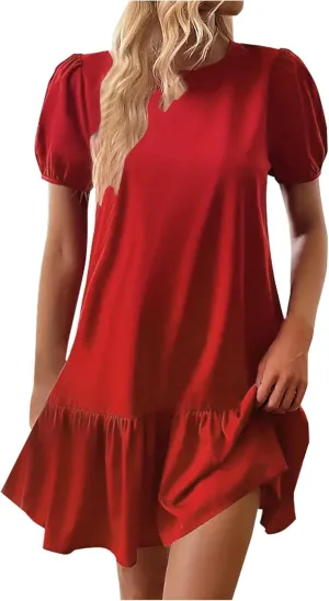 Sinzelimin Womens Elegant Midi Dresses Fashion Ruffled Hem Puff Sleeves Loose Comfy Mini Dress Summer Beach Casual Sundress