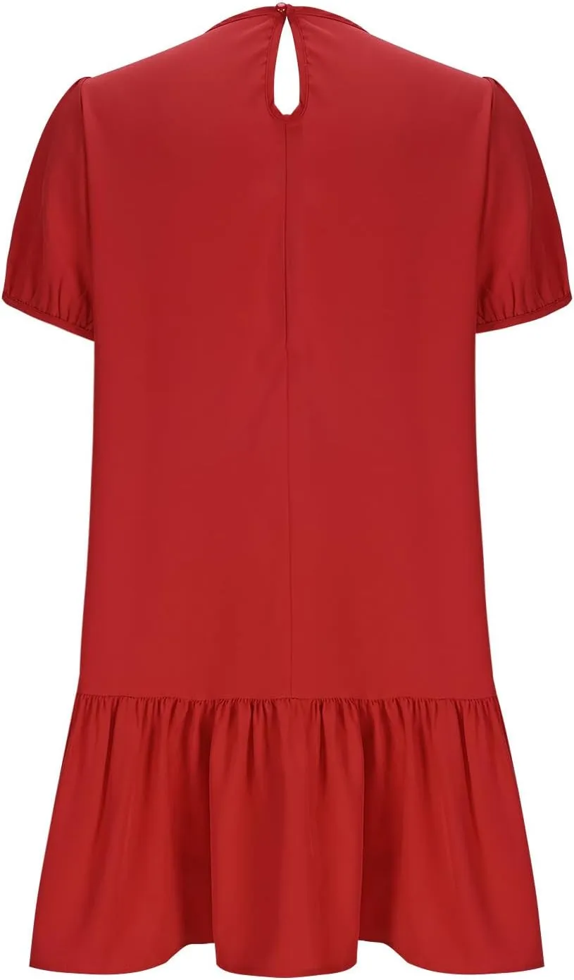 Sinzelimin Womens Elegant Midi Dresses Fashion Ruffled Hem Puff Sleeves Loose Comfy Mini Dress Summer Beach Casual Sundress
