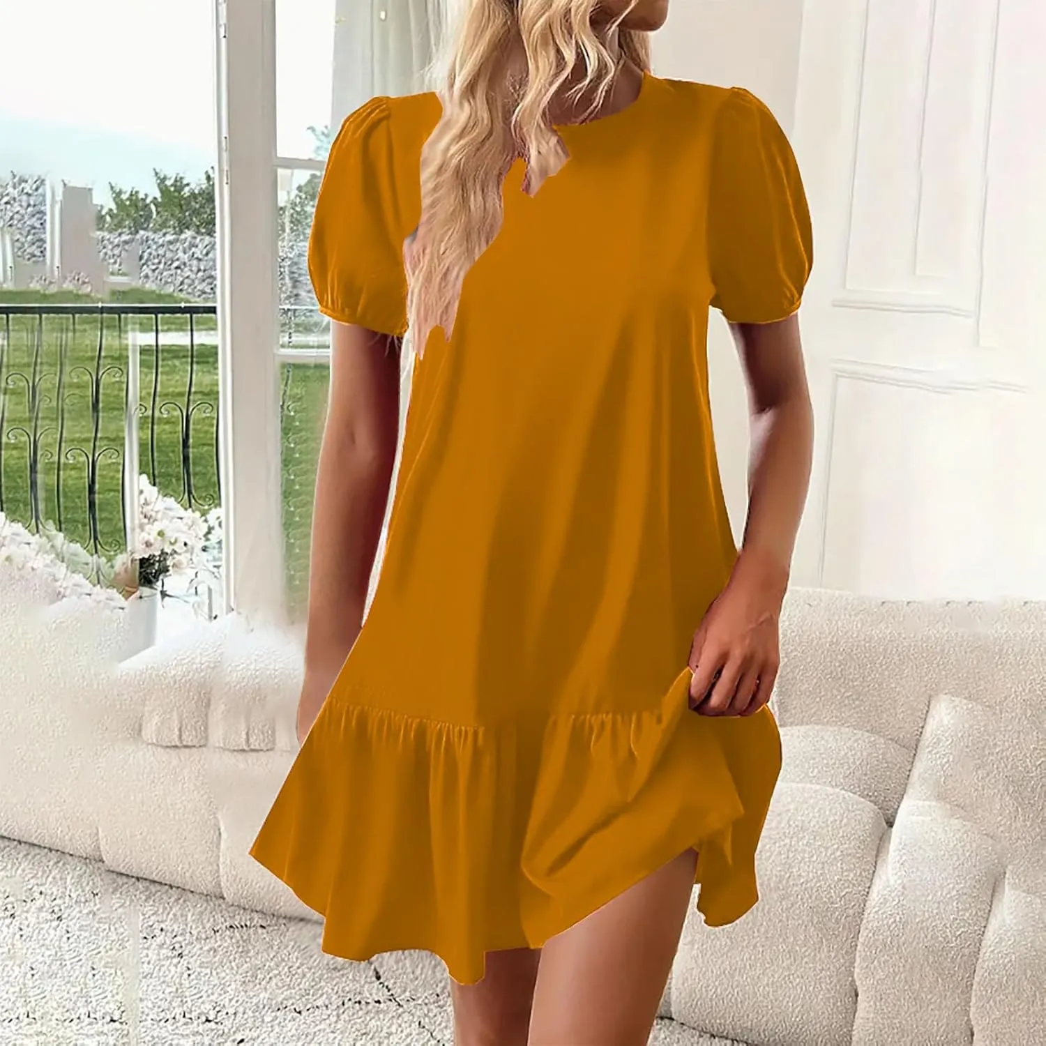 Sinzelimin Womens Elegant Midi Dresses Fashion Ruffled Hem Puff Sleeves Loose Comfy Mini Dress Summer Beach Casual Sundress