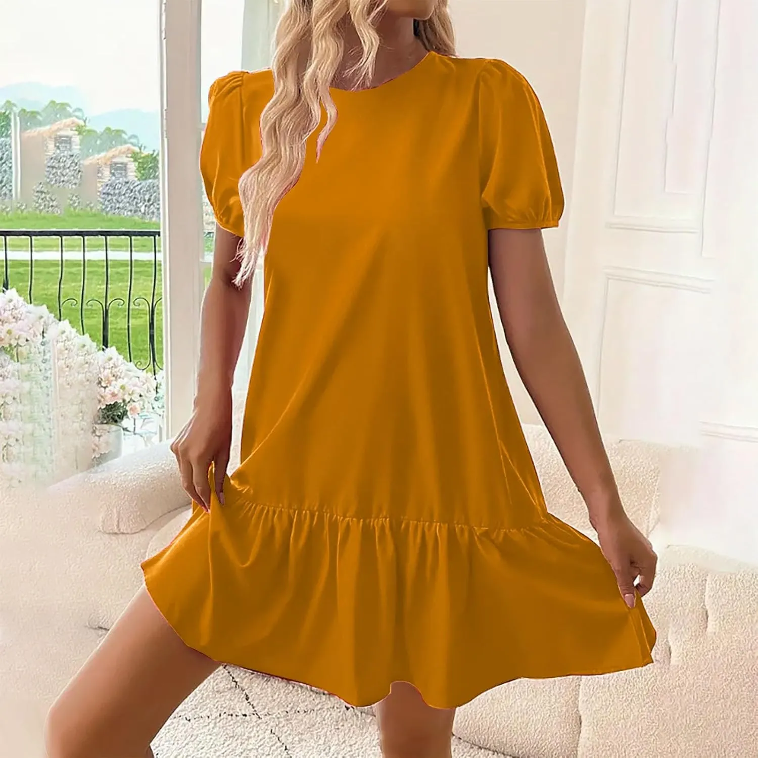 Sinzelimin Womens Elegant Midi Dresses Fashion Ruffled Hem Puff Sleeves Loose Comfy Mini Dress Summer Beach Casual Sundress