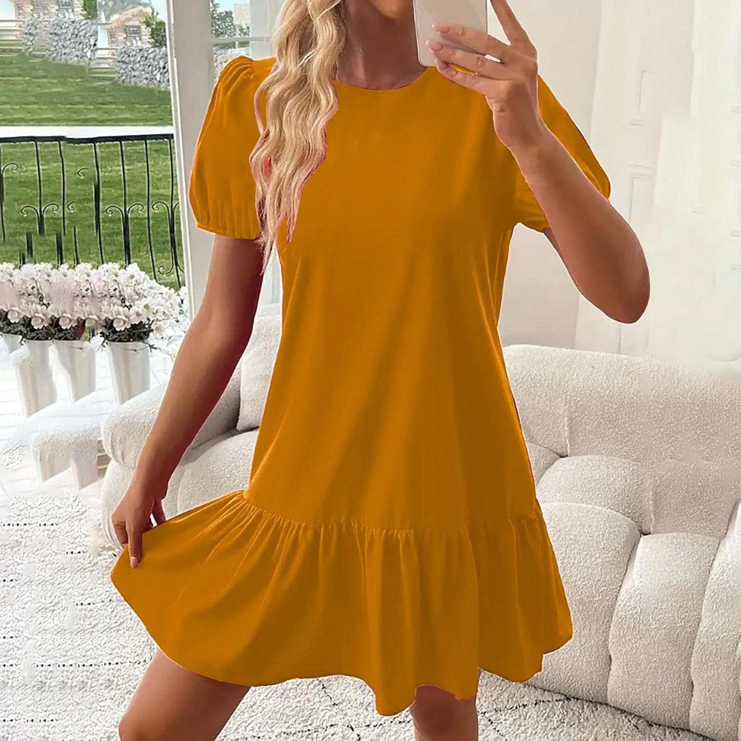 Sinzelimin Womens Elegant Midi Dresses Fashion Ruffled Hem Puff Sleeves Loose Comfy Mini Dress Summer Beach Casual Sundress