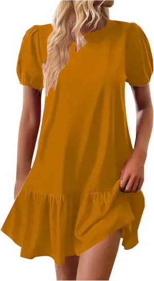 Sinzelimin Womens Elegant Midi Dresses Fashion Ruffled Hem Puff Sleeves Loose Comfy Mini Dress Summer Beach Casual Sundress