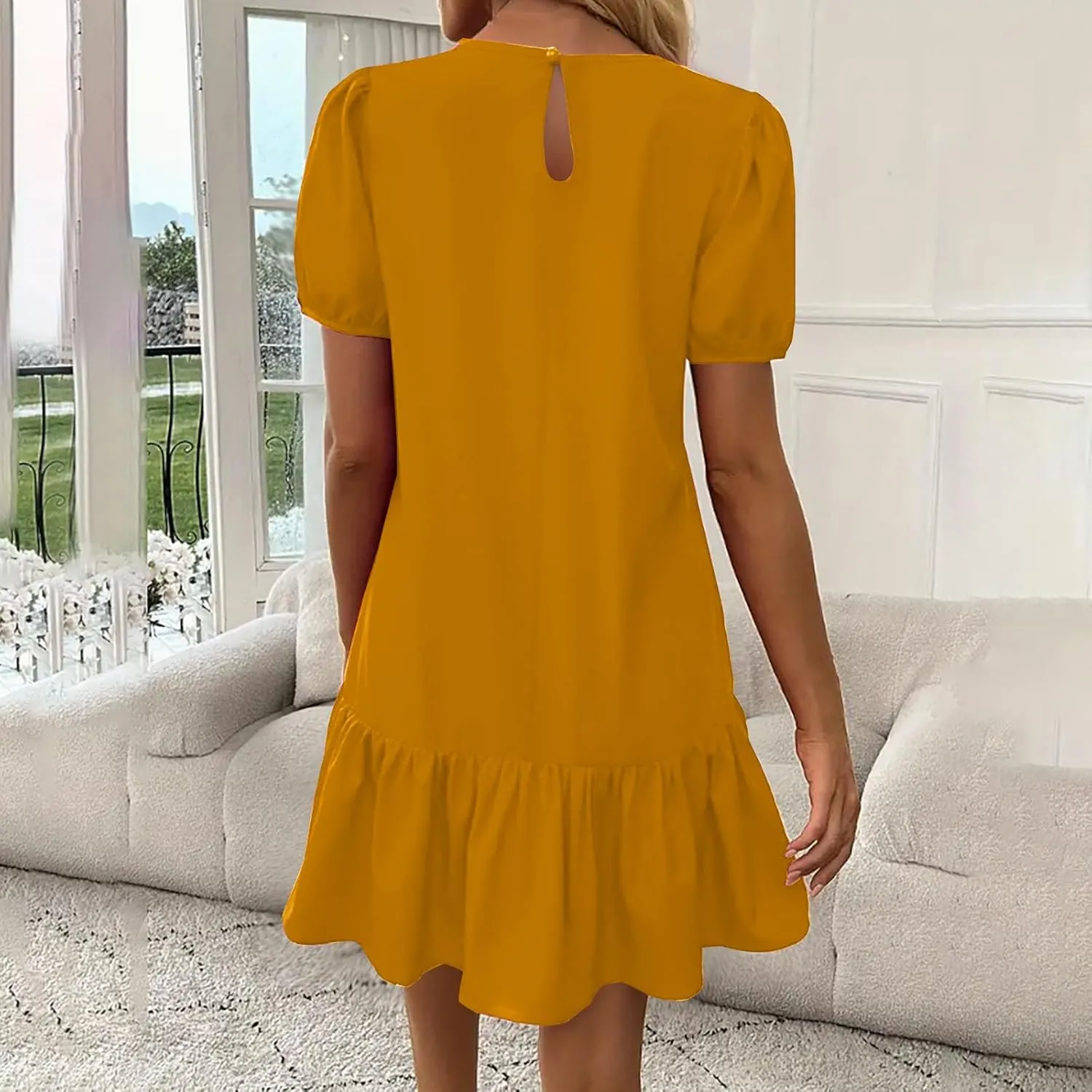 Sinzelimin Womens Elegant Midi Dresses Fashion Ruffled Hem Puff Sleeves Loose Comfy Mini Dress Summer Beach Casual Sundress