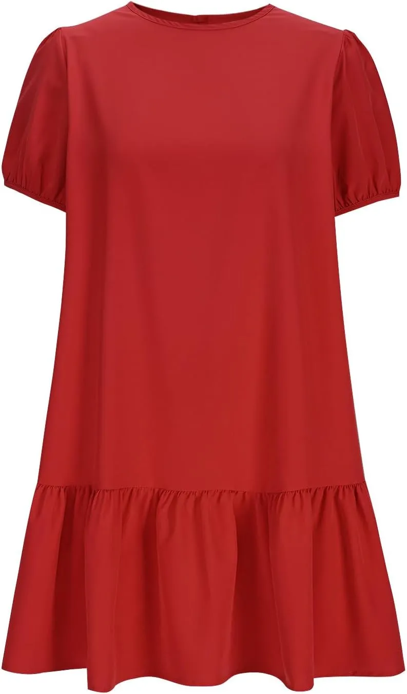 Sinzelimin Womens Elegant Midi Dresses Fashion Ruffled Hem Puff Sleeves Loose Comfy Mini Dress Summer Beach Casual Sundress