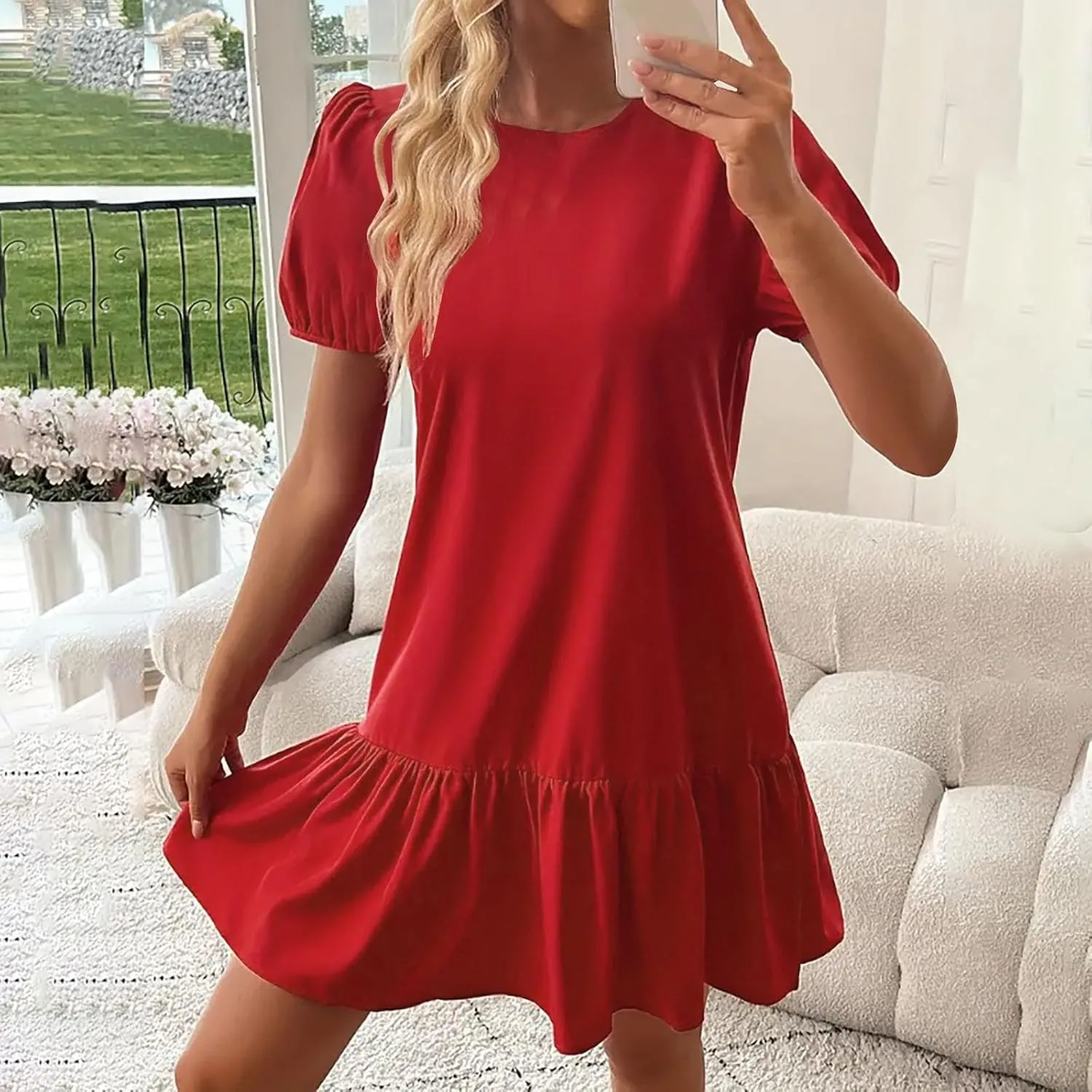 Sinzelimin Womens Elegant Midi Dresses Fashion Ruffled Hem Puff Sleeves Loose Comfy Mini Dress Summer Beach Casual Sundress